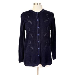 Legerdemain Blue Cardigan Sweater with Embroidered Floral Design